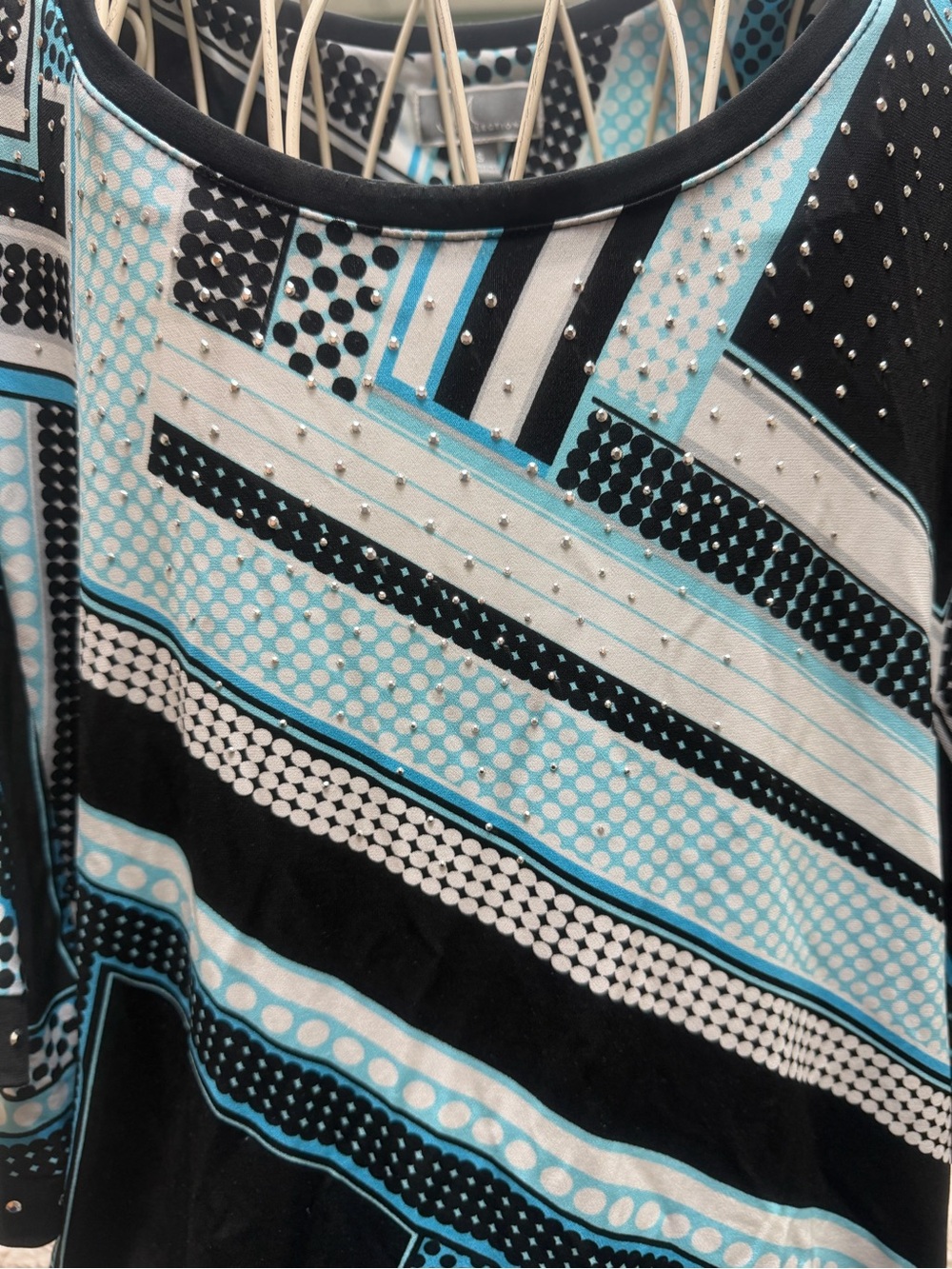 JM Collection Black Turquoise Geometric Rhinestone Tunic Top - Picture 5 of 7